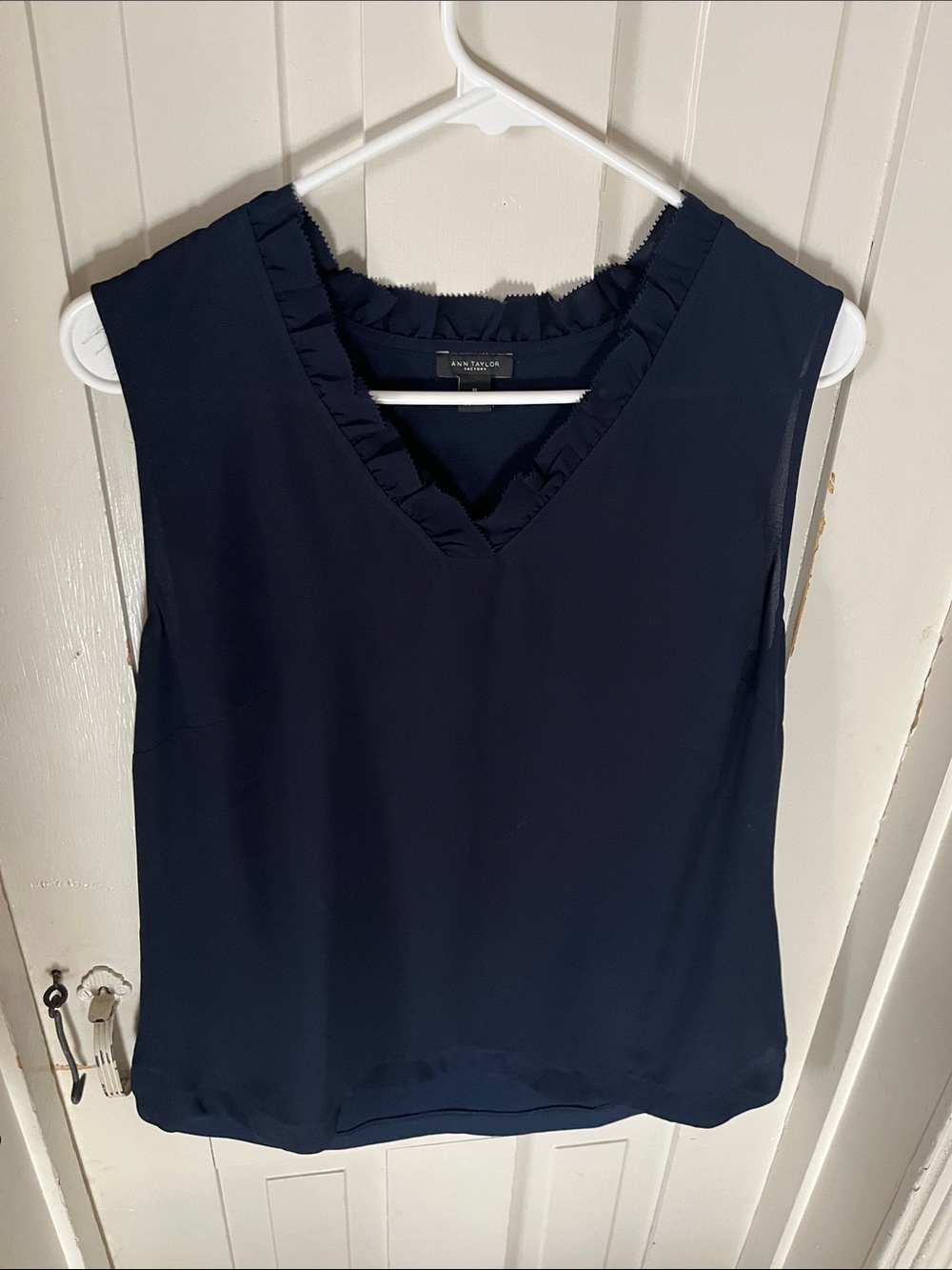Ann Taylor Navy Ruffle Trim V-Neck Sleeveless Blouse